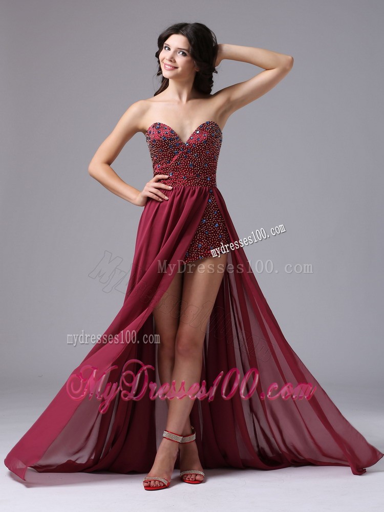 Pretty High-low Beaded V-neck Chiffon Zipper-up Prom Dresses
