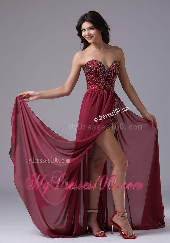 Pretty High-low Beaded V-neck Chiffon Zipper-up Prom Dresses