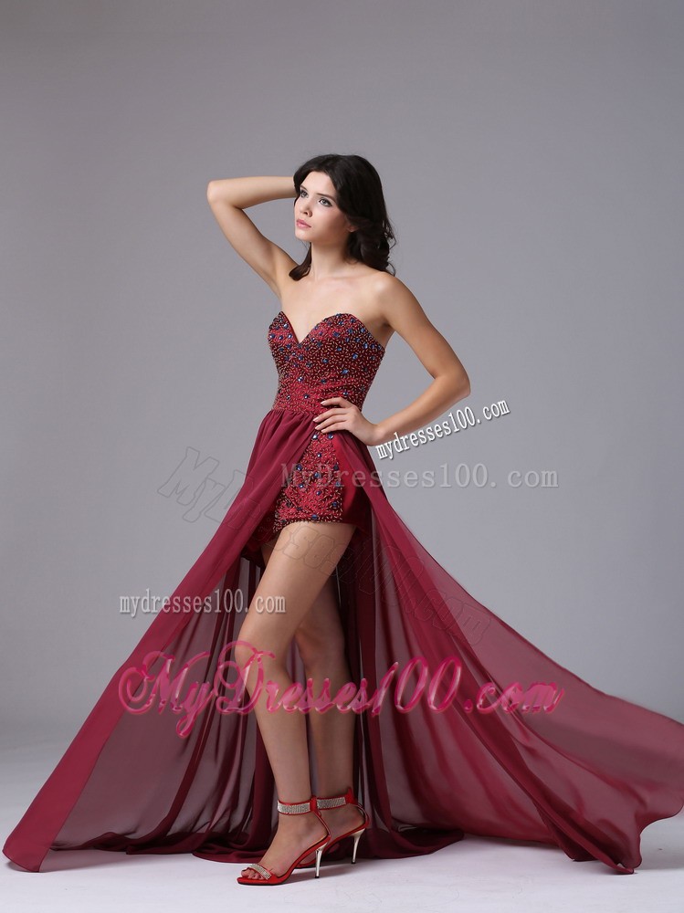 Pretty High-low Beaded V-neck Chiffon Zipper-up Prom Dresses