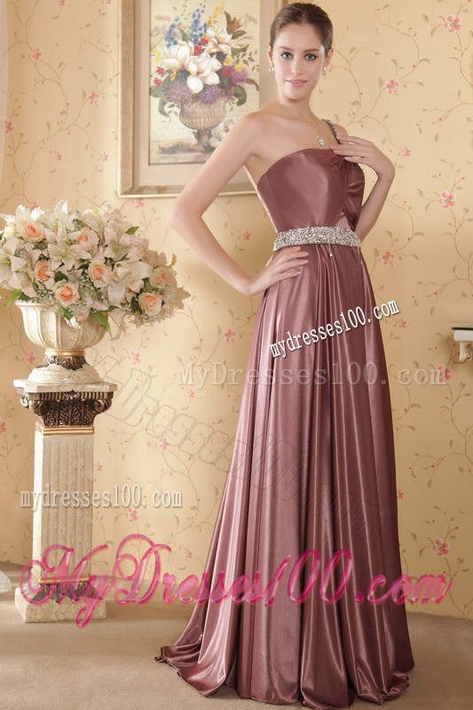 Elegant Empire One Shoulder Brush Train Satin Prom Dresses with Beading