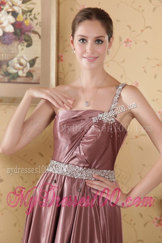 Elegant Empire One Shoulder Brush Train Satin Prom Dresses with Beading
