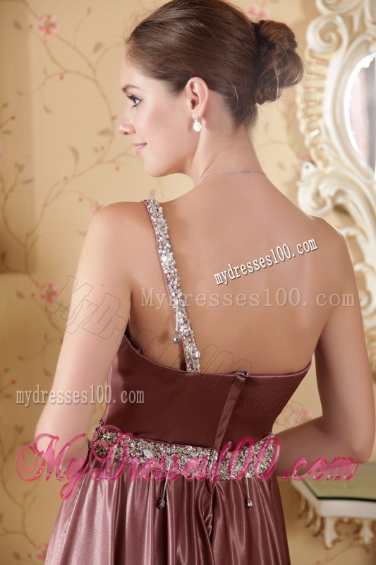 Elegant Empire One Shoulder Brush Train Satin Prom Dresses with Beading