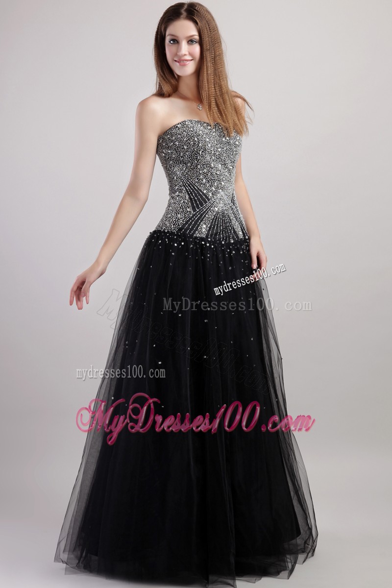 Strapless Tulle A-line Floor Length Beaded Black Evening Party Dresses
