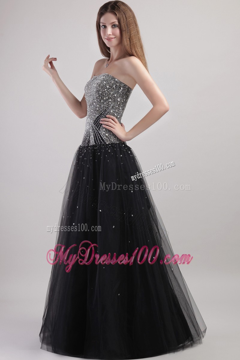 Strapless Tulle A-line Floor Length Beaded Black Evening Party Dresses