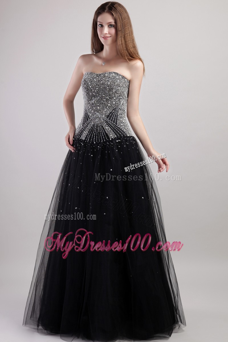 Strapless Tulle A-line Floor Length Beaded Black Evening Party Dresses