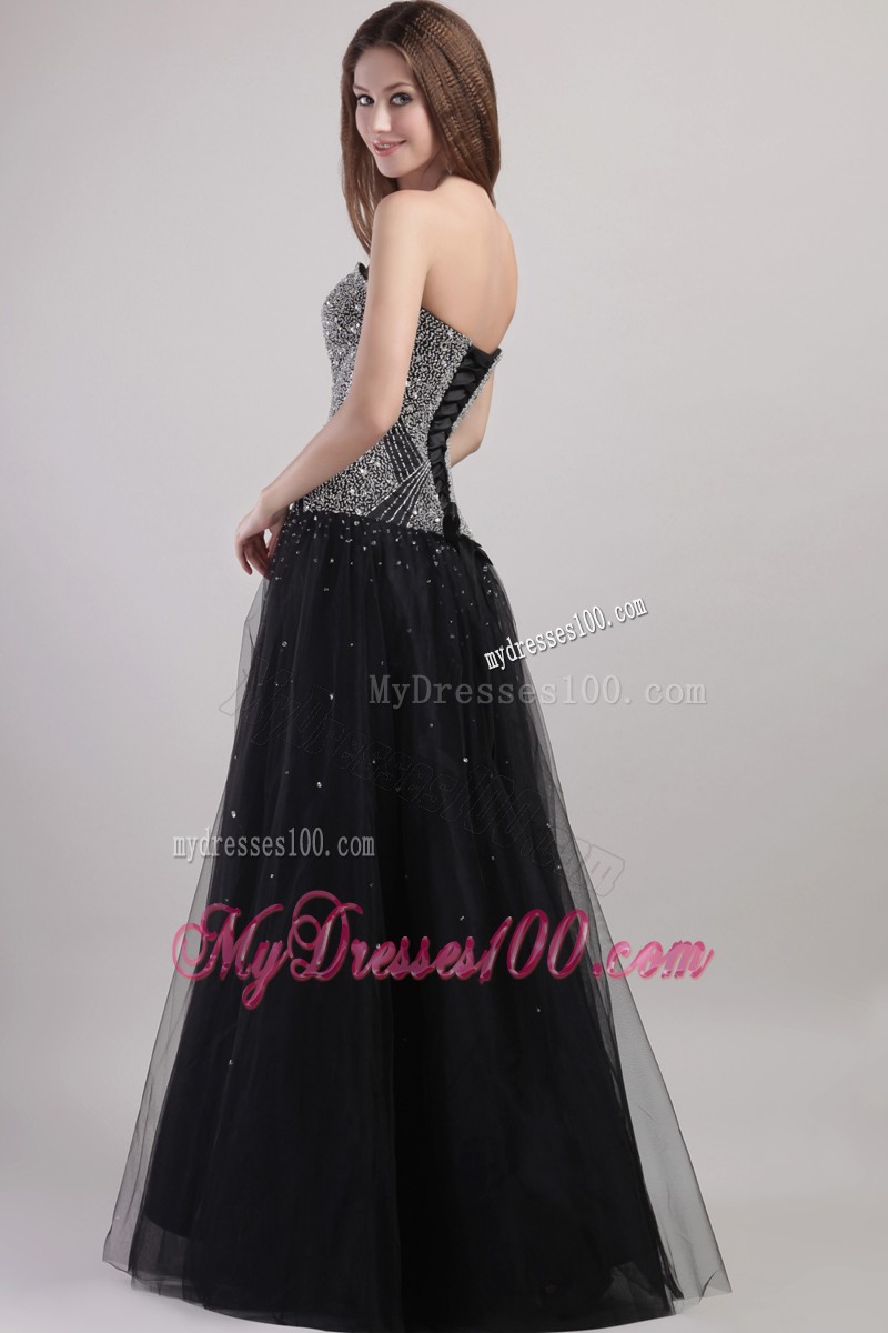 Strapless Tulle A-line Floor Length Beaded Black Evening Party Dresses