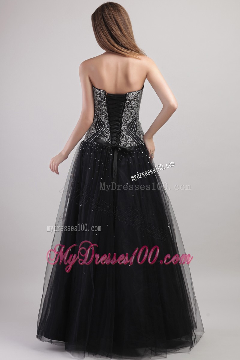 Strapless Tulle A-line Floor Length Beaded Black Evening Party Dresses