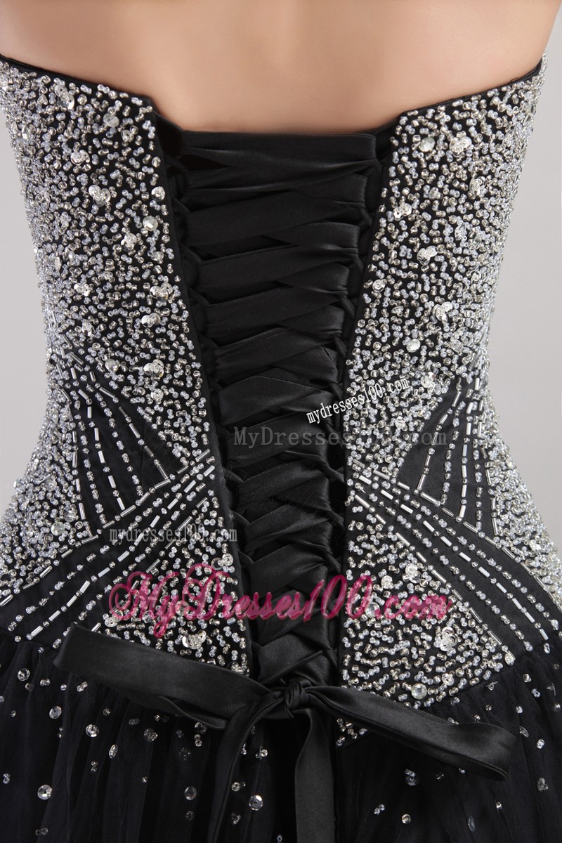 Strapless Tulle A-line Floor Length Beaded Black Evening Party Dresses