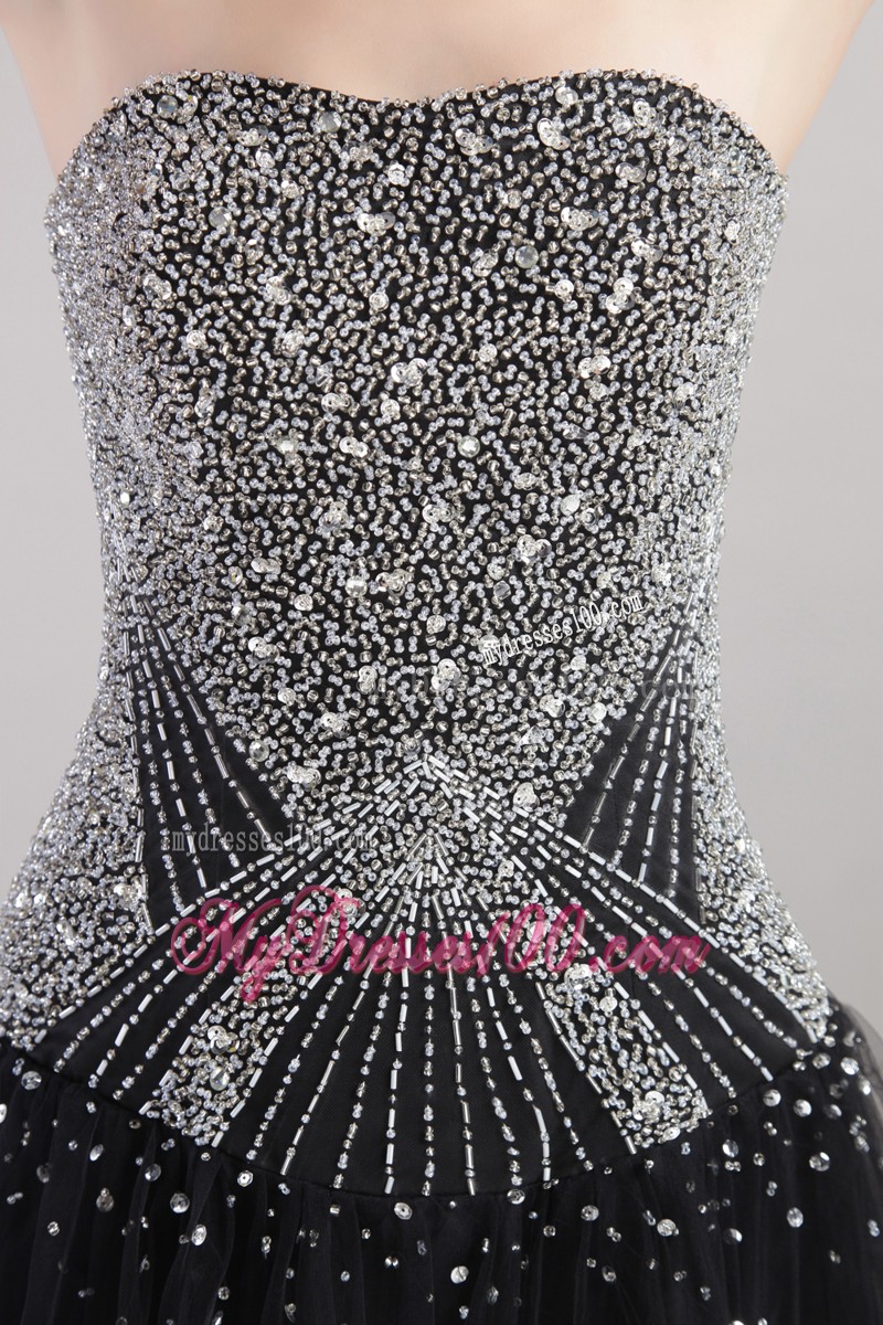 Strapless Tulle A-line Floor Length Beaded Black Evening Party Dresses