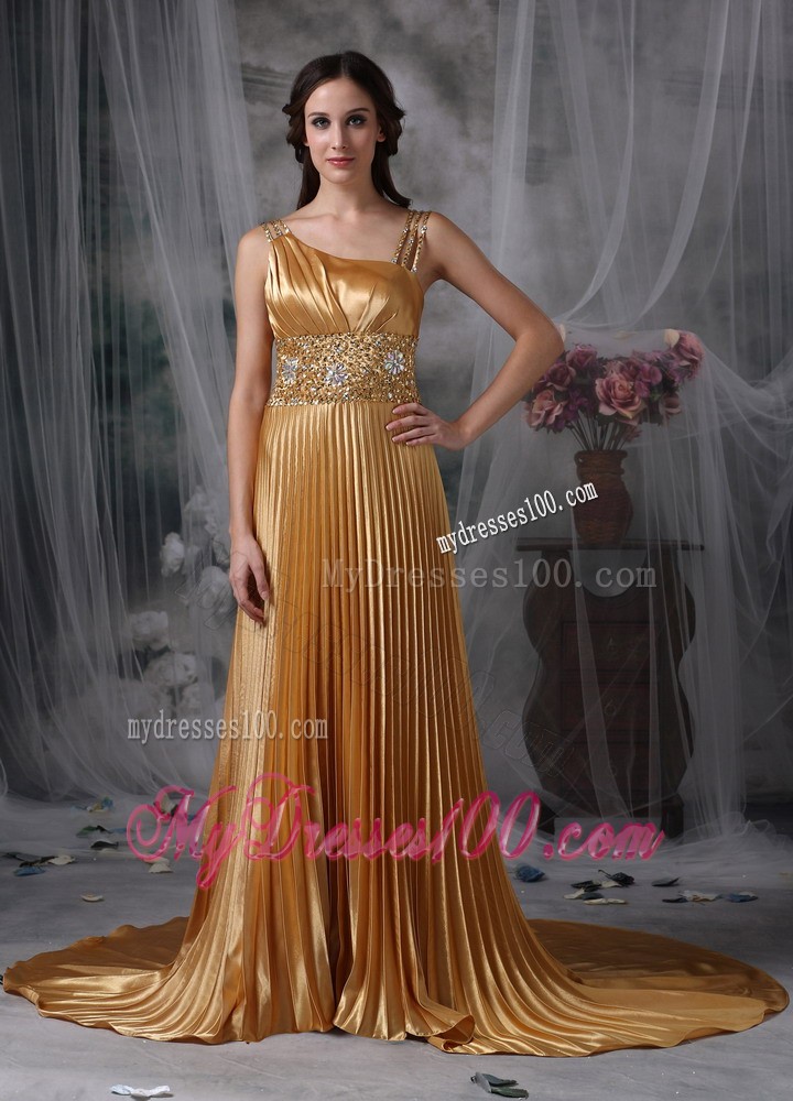 Straps and Beaded Waist for Gold Asymmetrical Prom Party Dress with Pleats
