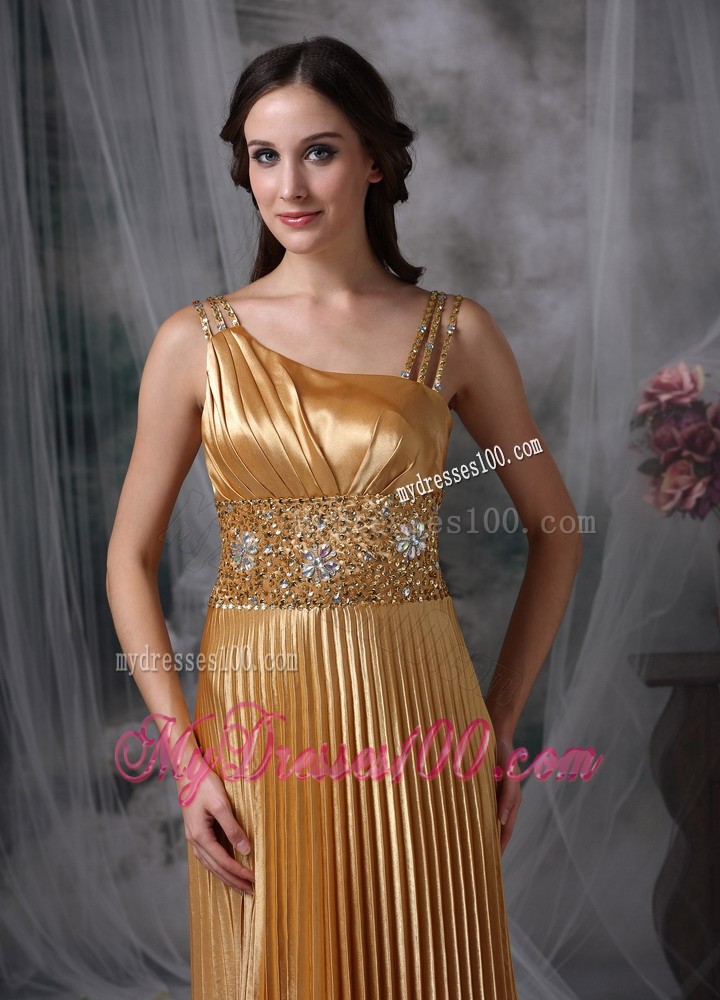 Straps and Beaded Waist for Gold Asymmetrical Prom Party Dress with Pleats
