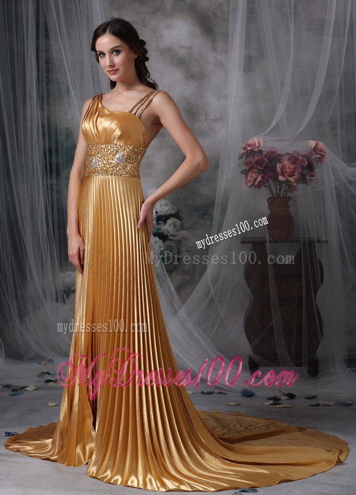 Straps and Beaded Waist for Gold Asymmetrical Prom Party Dress with Pleats