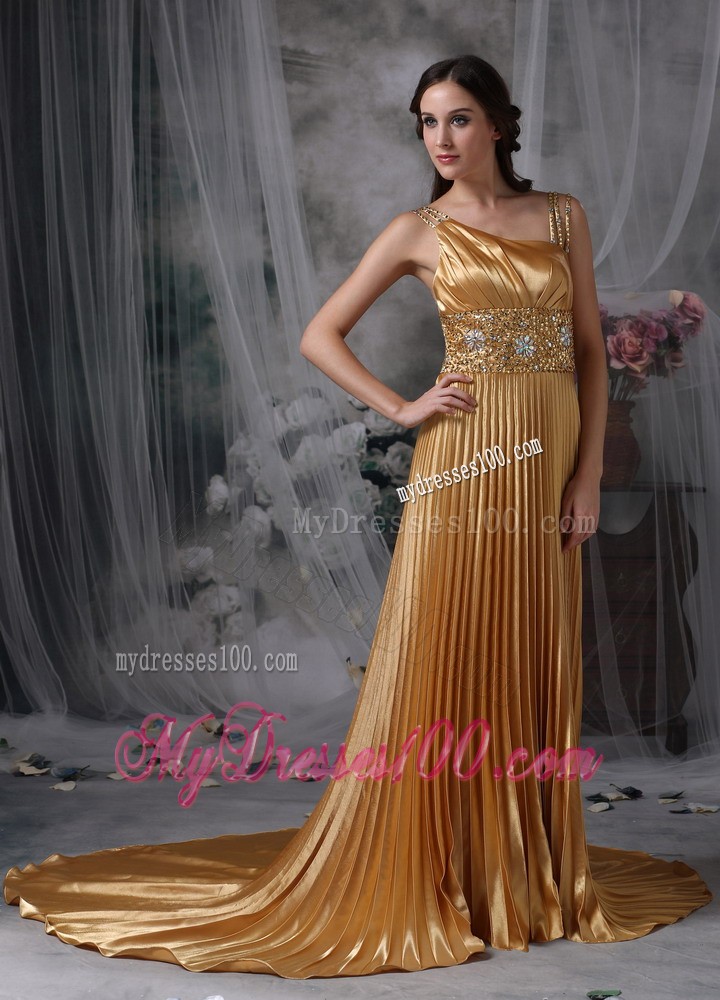 Straps and Beaded Waist for Gold Asymmetrical Prom Party Dress with Pleats