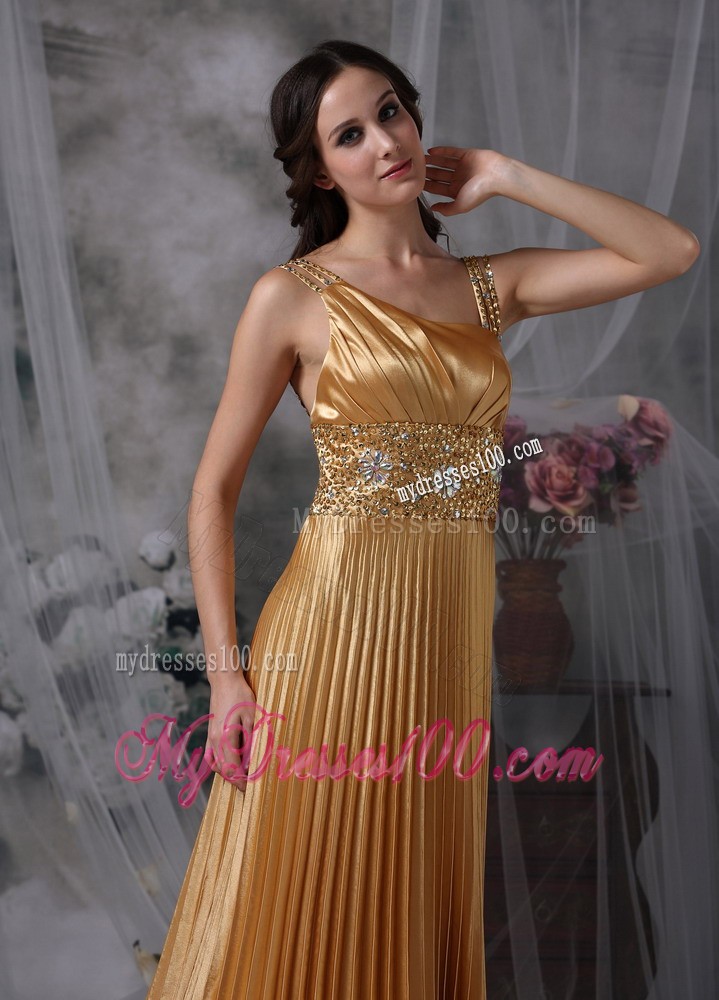 Straps and Beaded Waist for Gold Asymmetrical Prom Party Dress with Pleats
