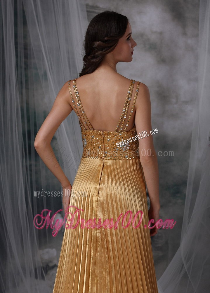 Straps and Beaded Waist for Gold Asymmetrical Prom Party Dress with Pleats