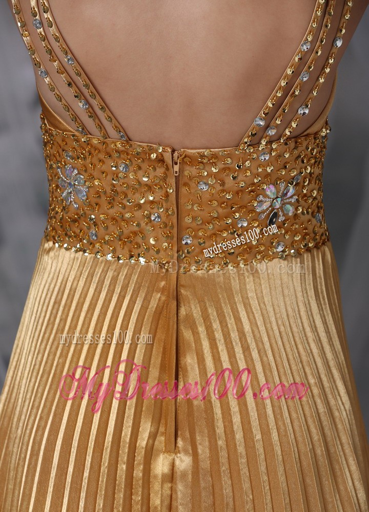 Straps and Beaded Waist for Gold Asymmetrical Prom Party Dress with Pleats