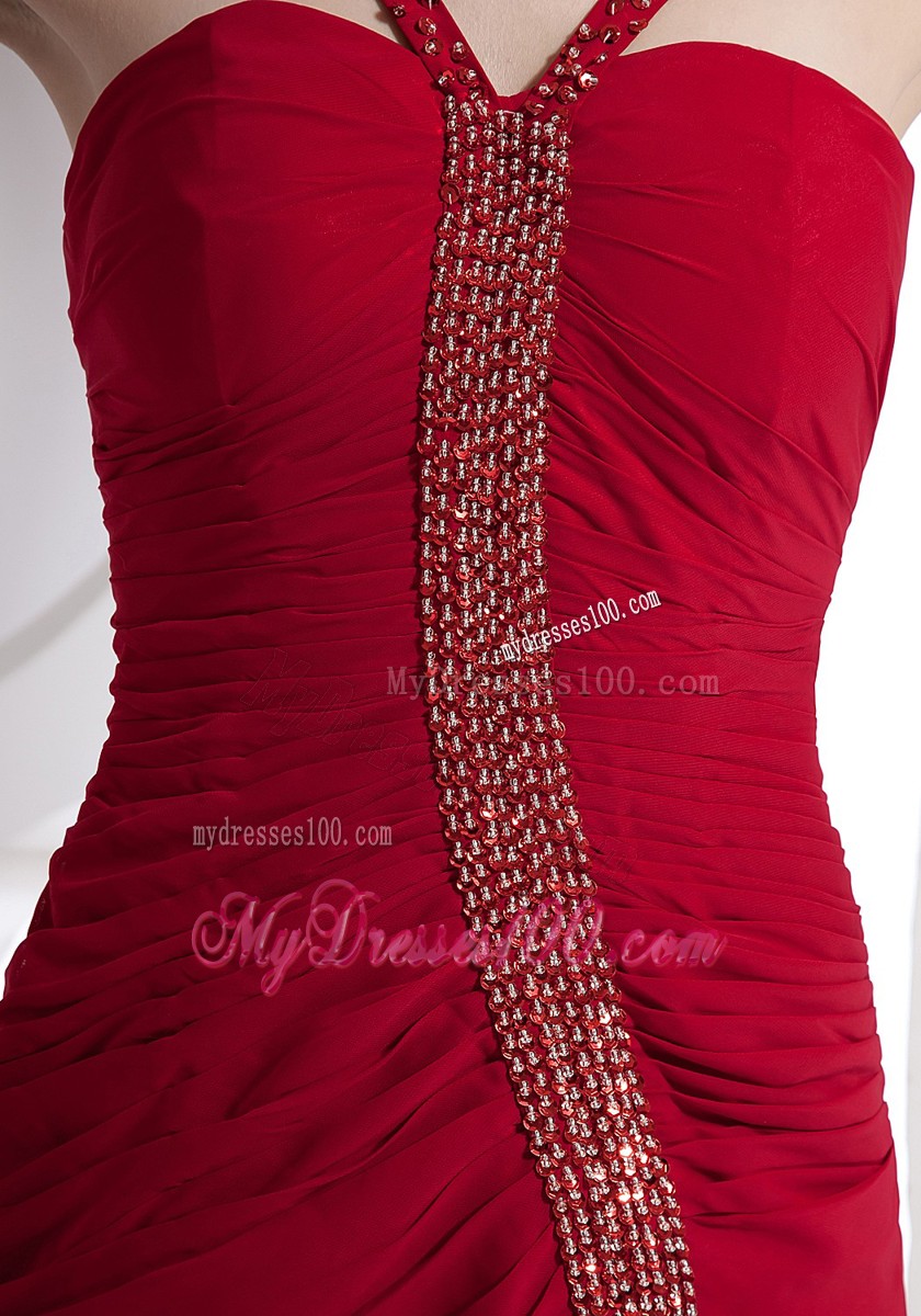 Beading Decorate Bodice High Slit Ankle-length Wine Red Chiffon 2013 Prom Dress