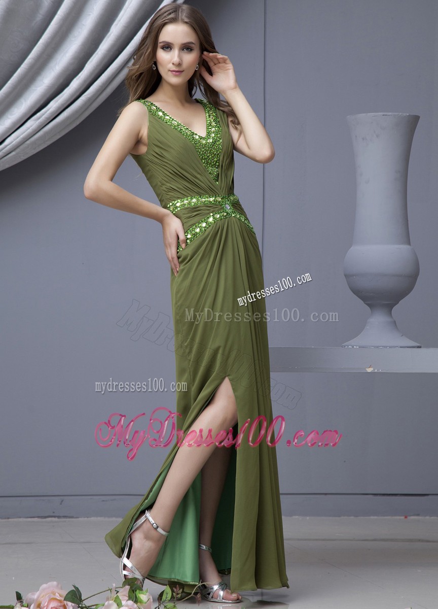 Oliver Green V-neck High Slit Beaded Chiffon Prom Evening Dress 2013