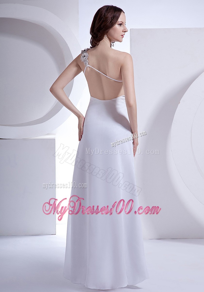 White Backless One Shoulder with Flowers High Slit Empire Prom Dress