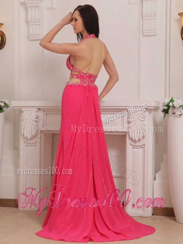 Coral Red Halter Top Beaded Prom Gown with Cut Out Waist and Cool Back