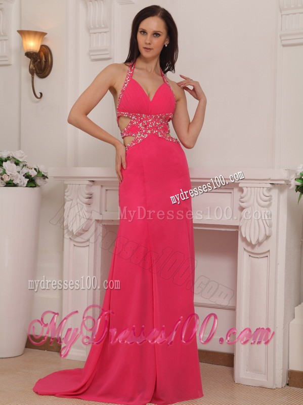 Coral Red Halter Top Beaded Prom Gown with Cut Out Waist and Cool Back