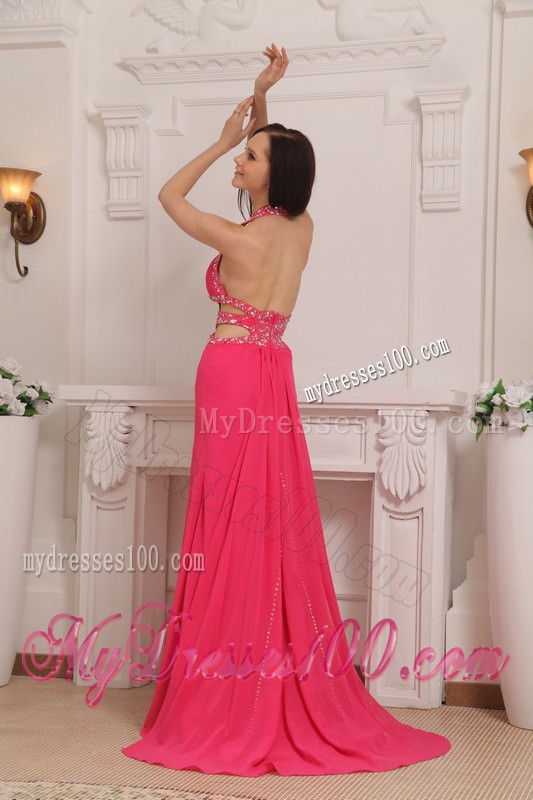 Coral Red Halter Top Beaded Prom Gown with Cut Out Waist and Cool Back
