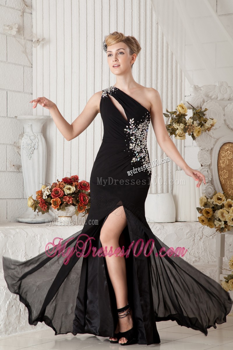 Sexy Black One Shoulder High Slit Prom Dress with Appliques and Cut Outs