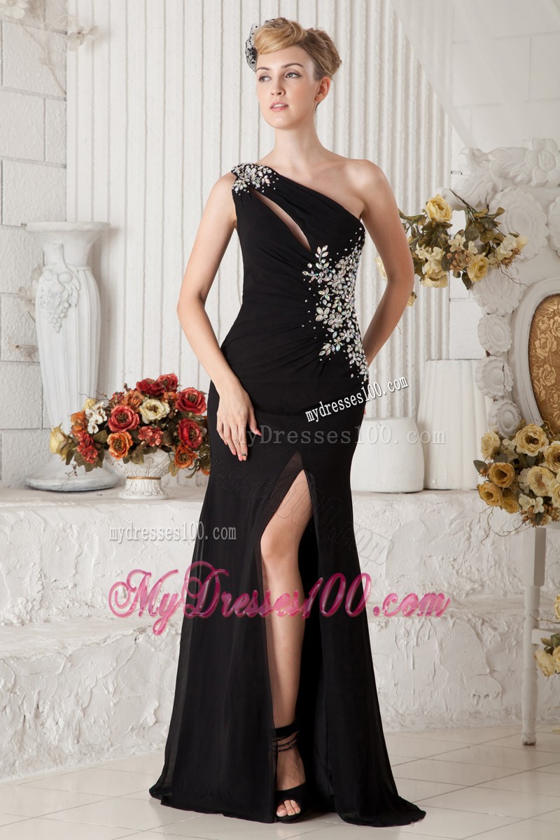 Sexy Black One Shoulder High Slit Prom Dress with Appliques and Cut Outs