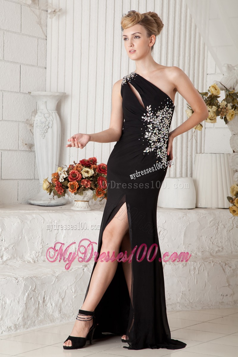 Sexy Black One Shoulder High Slit Prom Dress with Appliques and Cut Outs
