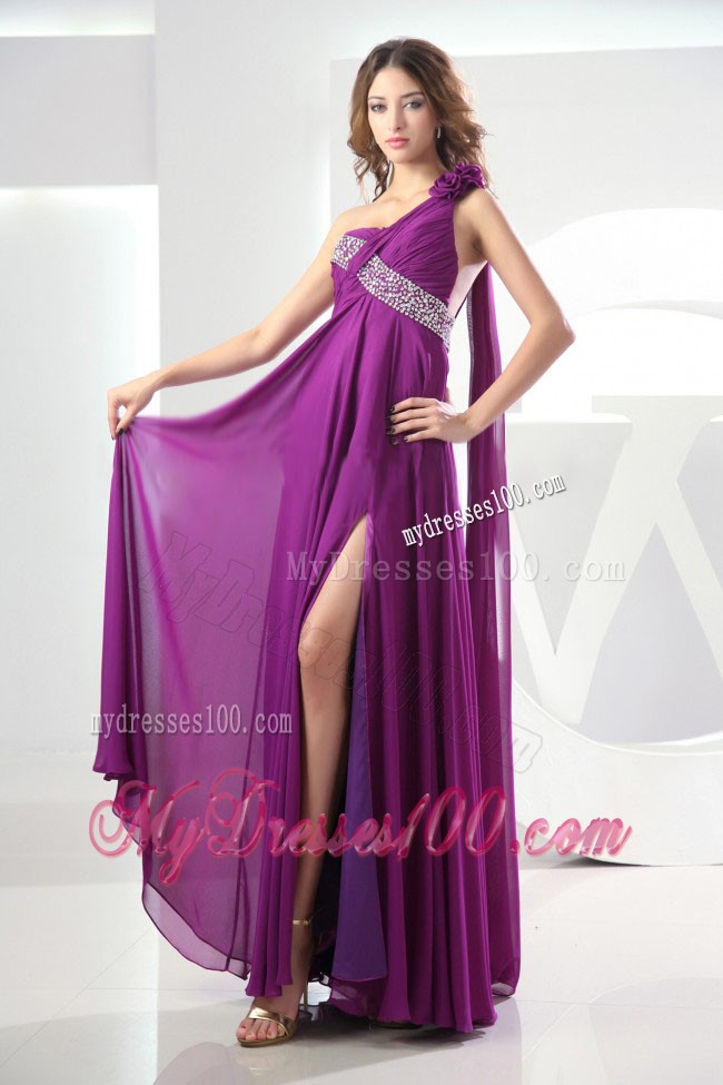 One Shoulder with Flowers Ruched Column Fuchsia Prom Dress