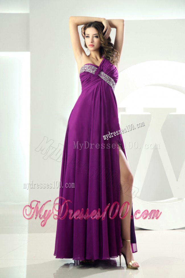 One Shoulder with Flowers Ruched Column Fuchsia Prom Dress