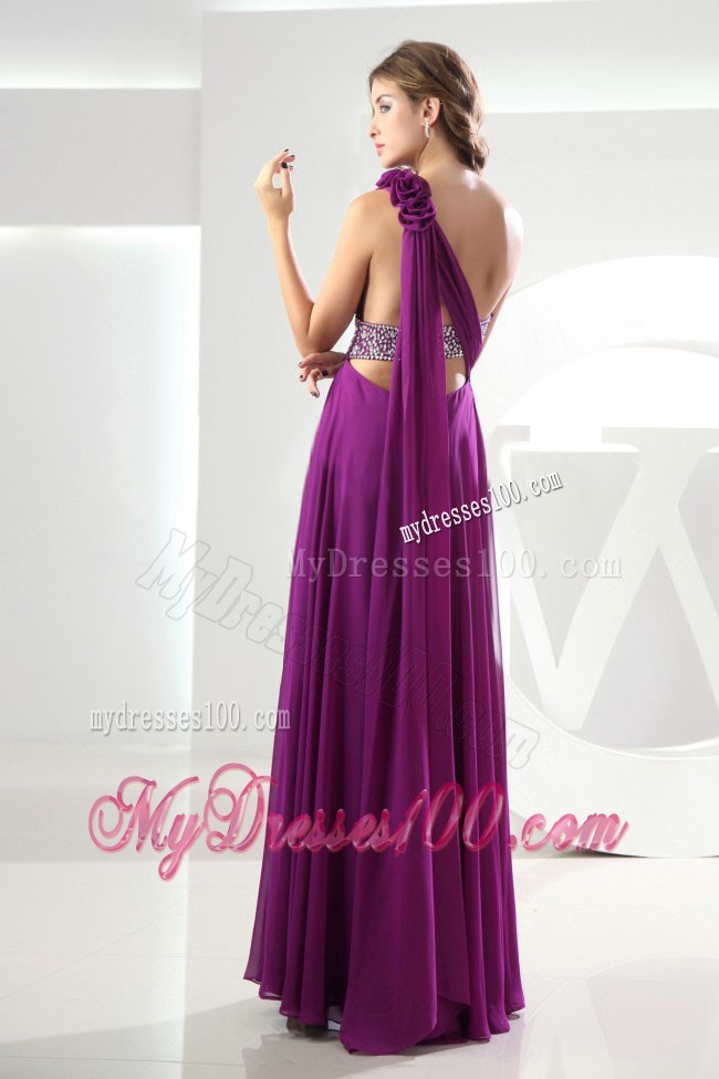 One Shoulder with Flowers Ruched Column Fuchsia Prom Dress