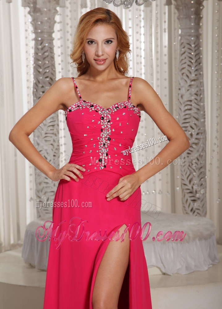 Coral Red High Slit Spaghetti Straps Prom Dress with Beading and Rhinestones