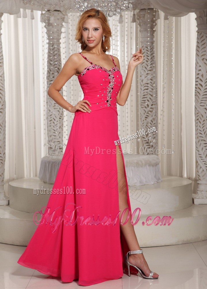 Coral Red High Slit Spaghetti Straps Prom Dress with Beading and Rhinestones