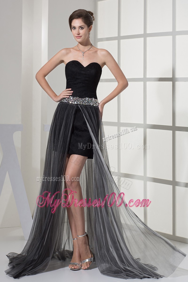 High-low Black Sweep Train Prom Dresses with Beadings and Pleat