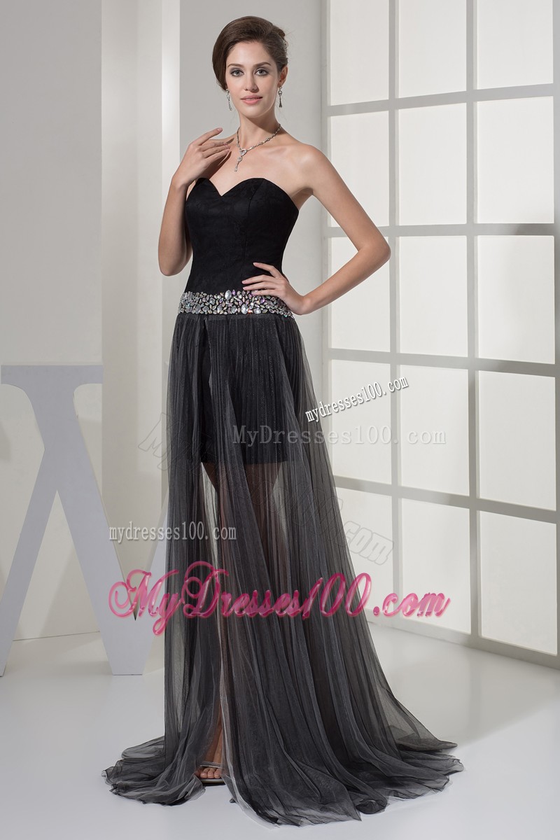 High-low Black Sweep Train Prom Dresses with Beadings and Pleat