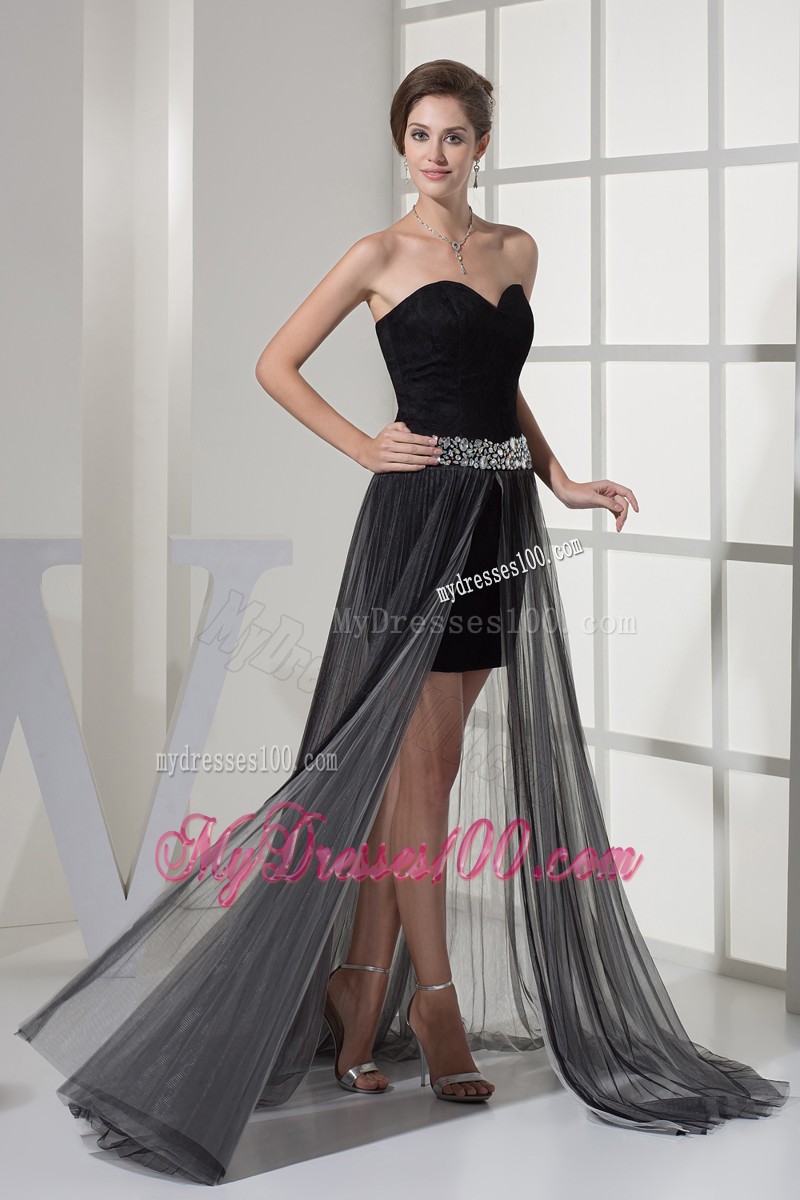 High-low Black Sweep Train Prom Dresses with Beadings and Pleat