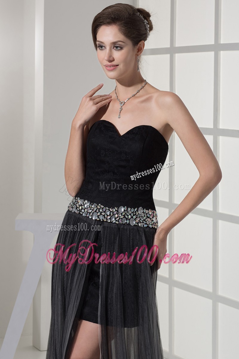 High-low Black Sweep Train Prom Dresses with Beadings and Pleat