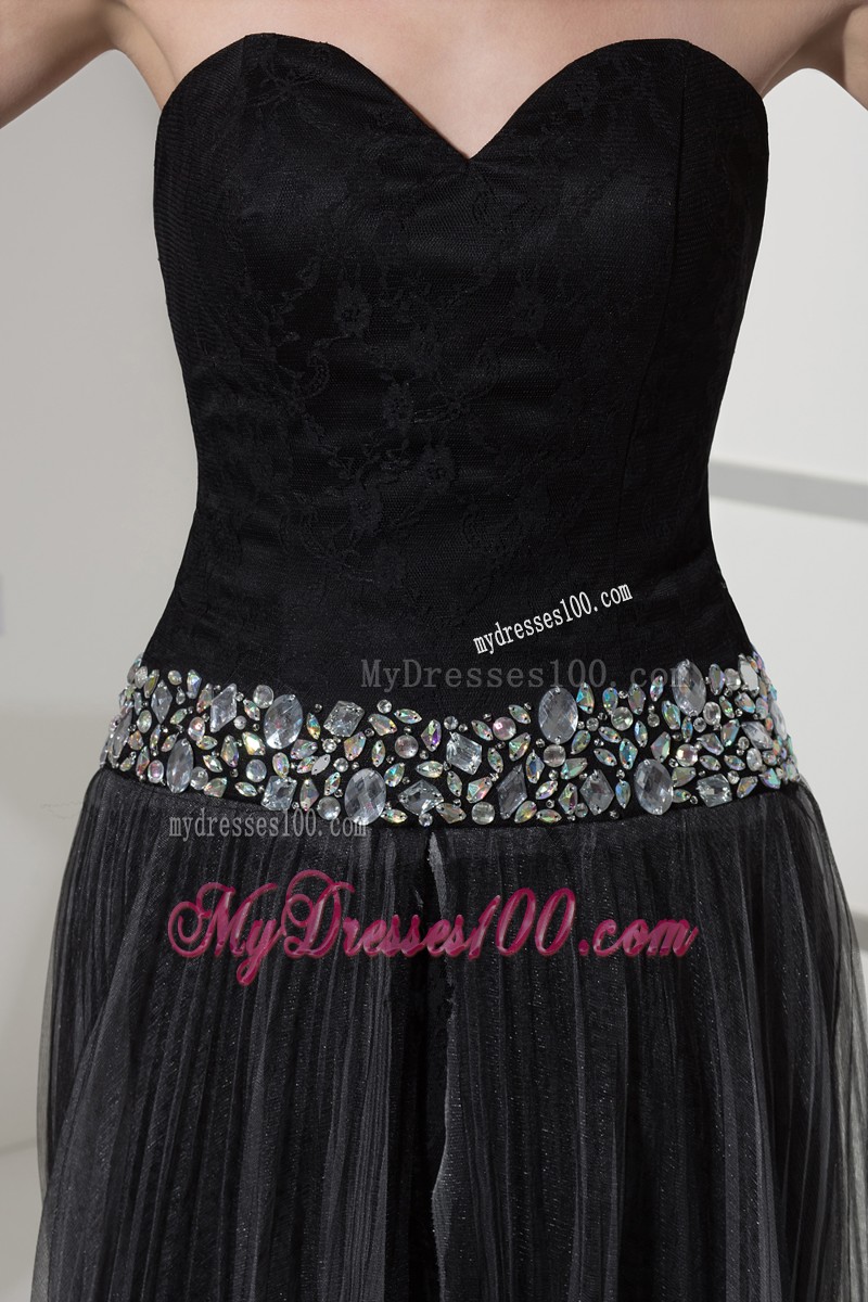 High-low Black Sweep Train Prom Dresses with Beadings and Pleat