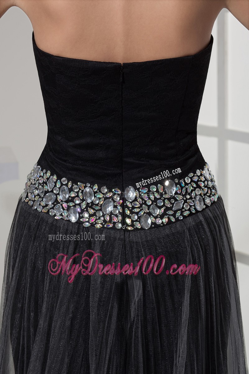 High-low Black Sweep Train Prom Dresses with Beadings and Pleat