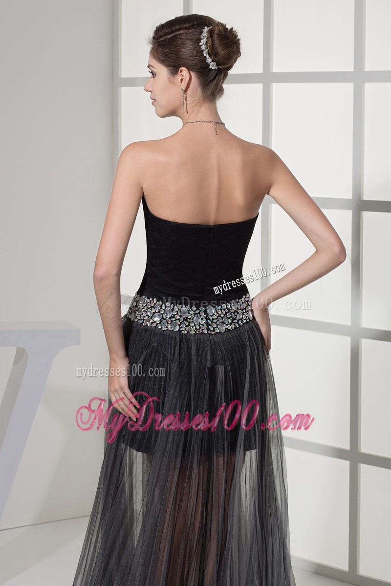 High-low Black Sweep Train Prom Dresses with Beadings and Pleat
