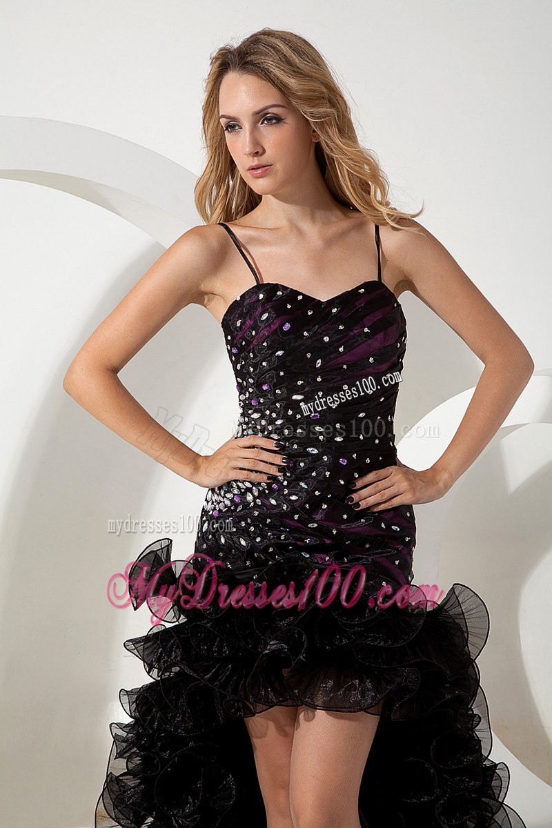 Spaghetti Straps High-low Beaded Prom Evening Dress with Ruffles