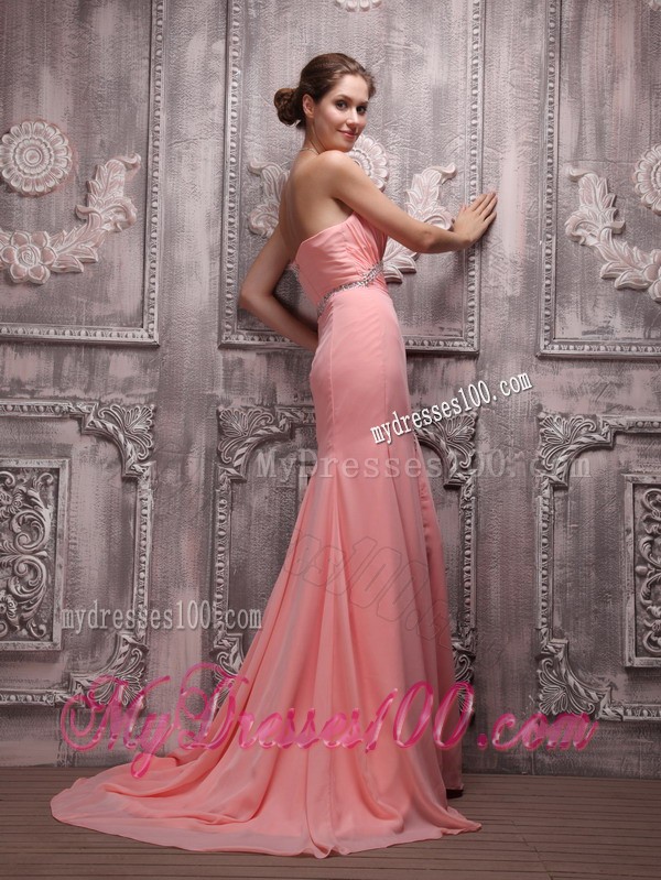 Strapless Watermelon Brush Train Chiffon Prom Gown Dresses with Beading