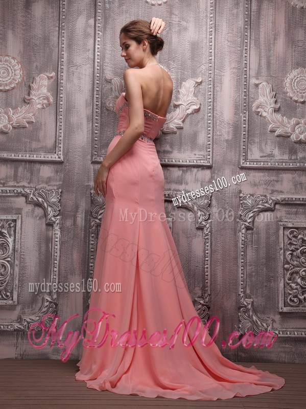 Strapless Watermelon Brush Train Chiffon Prom Gown Dresses with Beading