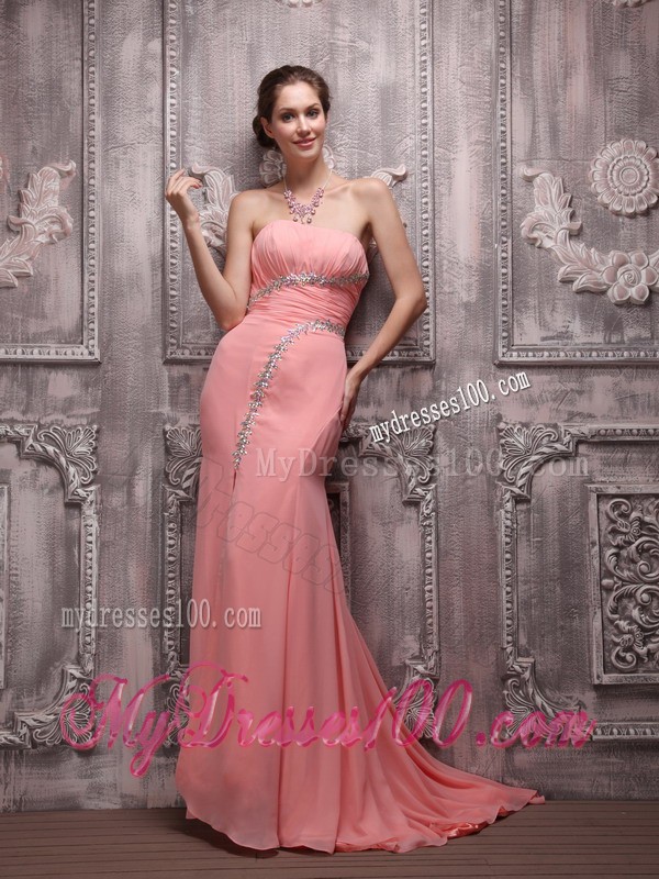Strapless Watermelon Brush Train Chiffon Prom Gown Dresses with Beading