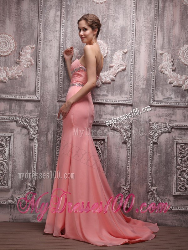 Strapless Watermelon Brush Train Chiffon Prom Gown Dresses with Beading