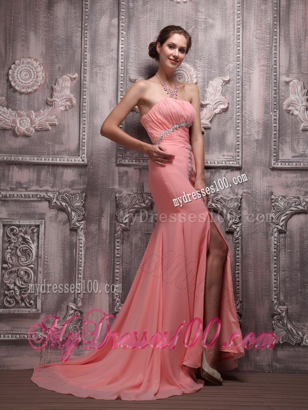 Strapless Watermelon Brush Train Chiffon Prom Gown Dresses with Beading
