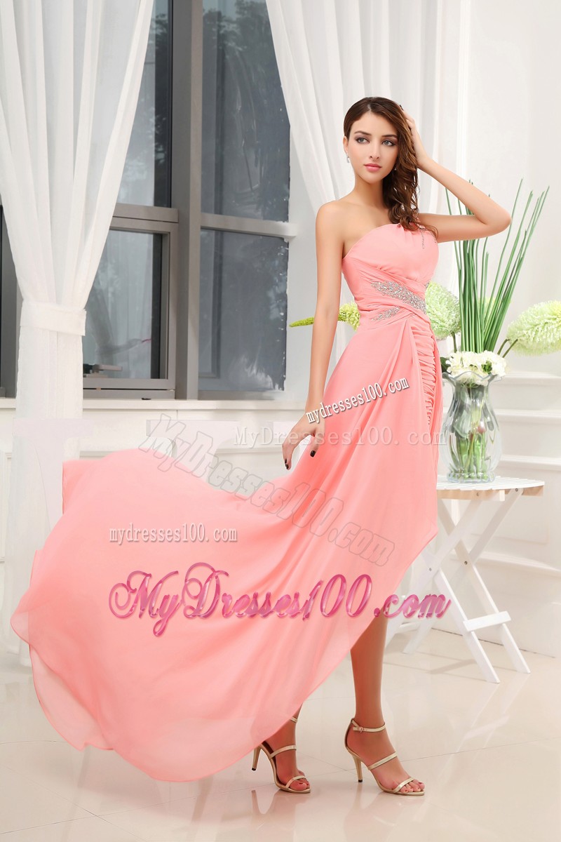 Blush Pink One Shoulder High-low Prom Dresses with Sweep Train