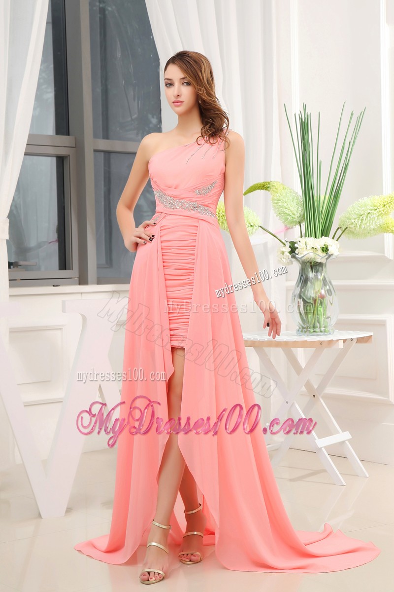 Blush Pink One Shoulder High-low Prom Dresses with Sweep Train