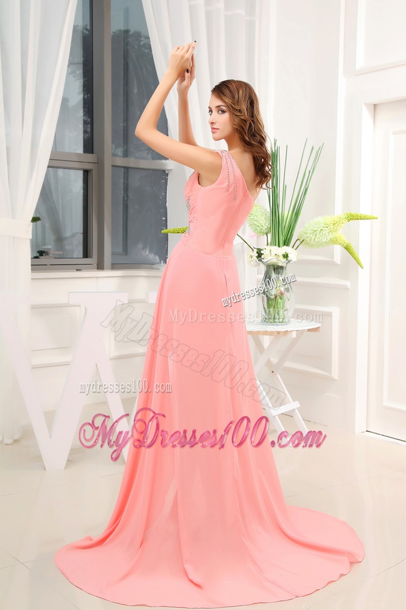 Blush Pink One Shoulder High-low Prom Dresses with Sweep Train